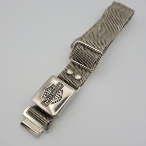 Vintage Harley‑Davidson Mesh Belt with Seat‑Belt‑Style Buckle in Silver Tone